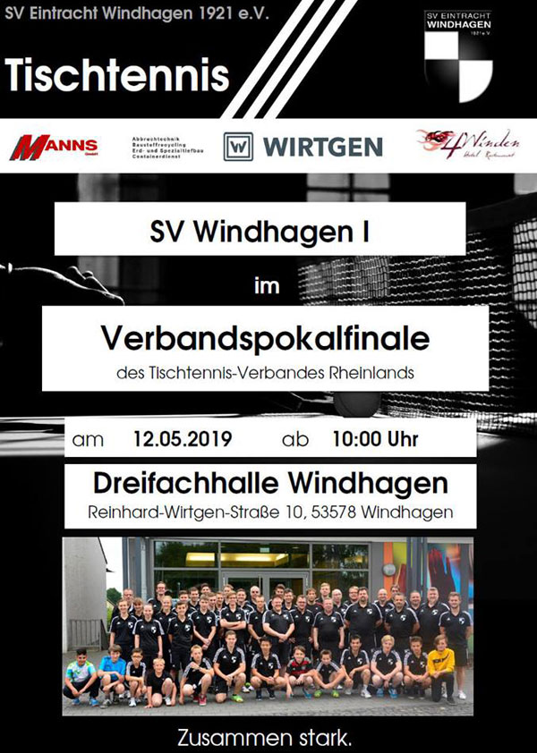 Tischtennis: SV Windhagen I im Verbandspokalfinale am 12.05.2019 ab 10 Uhr in der Dreifachhalle Windhagen.