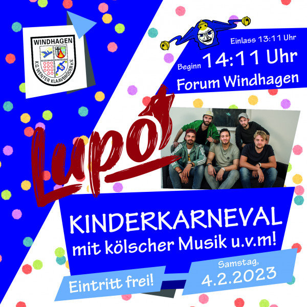 KG Wenter Klaavbröder e.V. veranstaltet den Kinderkarneval am 04.02.2023 um 14:11 Uhr im Forum Windhagen. Einlass ab 13:11 Uhr. Eintritt frei!