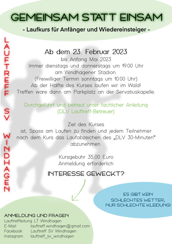 Der Laufdtreff Windhagen veranstaltet einen Laufkurs für Anfänger und Wiedereinsteiger ab dem 23.02.2023.