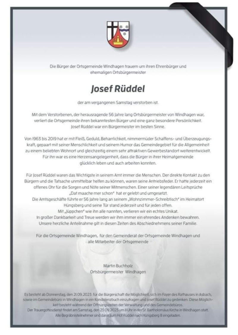 Nachruf Josef Rüddel, ehemaliger Ortsbürgermeister der Ortsgemeinde Windhagen