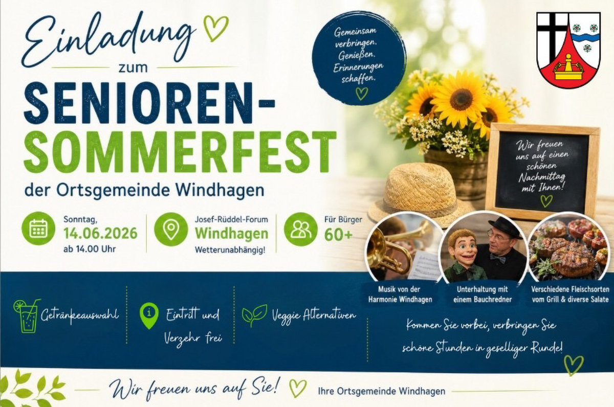 Einladung zum Senioren-Sommerfest der Ortsgemeinde Windhagen am 14.06.26 ab 14 Uhr im Josef-Rüddel-Forum